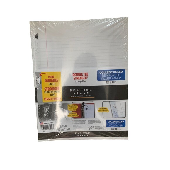 3 Five Star Reinforced Filler Paper College Rule 11 x 8 1/2 White 100 Sheets - Picture 2 of 3